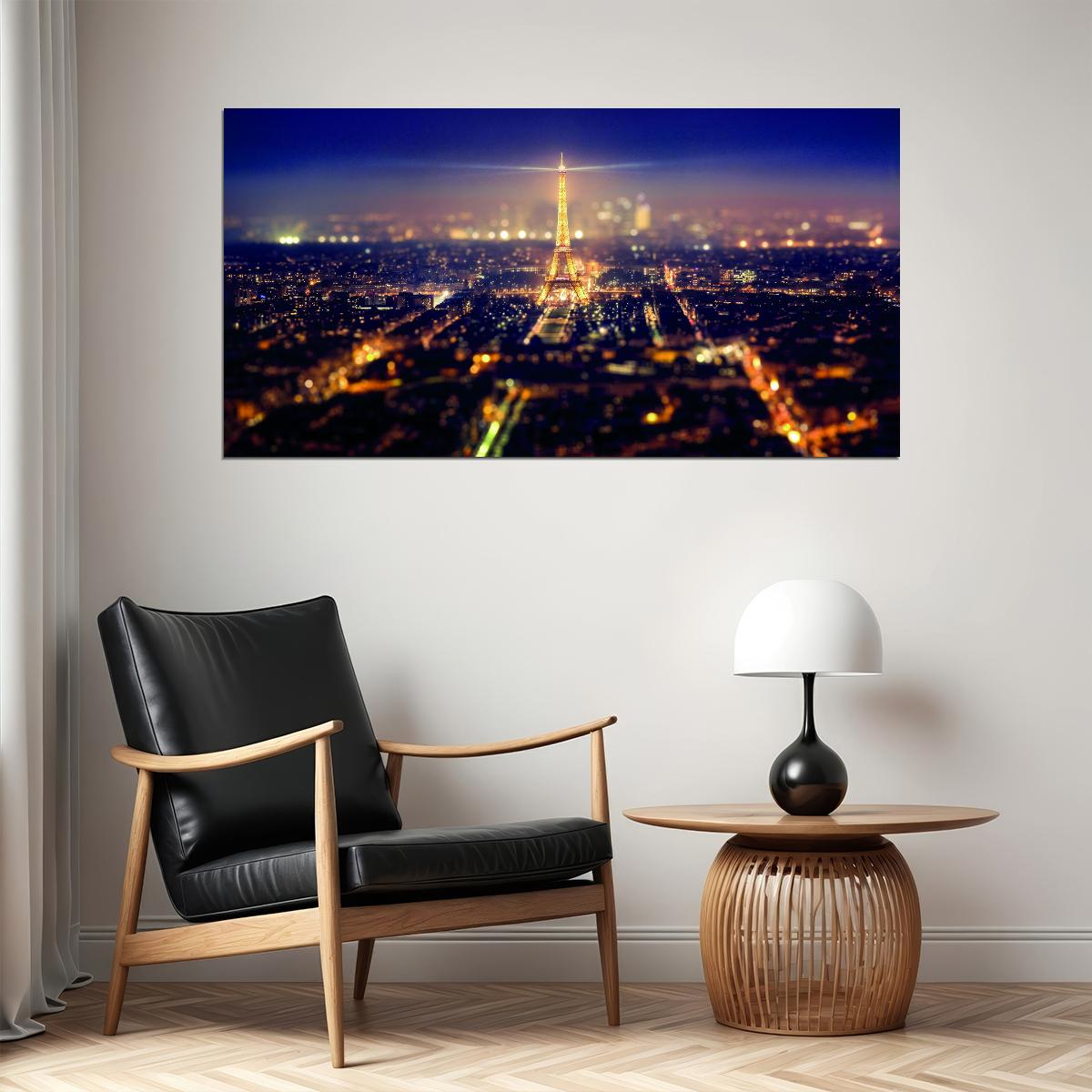 Paris Skyline at Night Poster Eiffel Tower Cityscape Photography Romantic Wall Decor Print