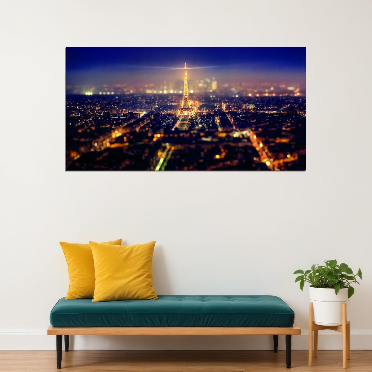 Paris Skyline at Night Poster Eiffel Tower Cityscape Photography Romantic Wall Decor Print