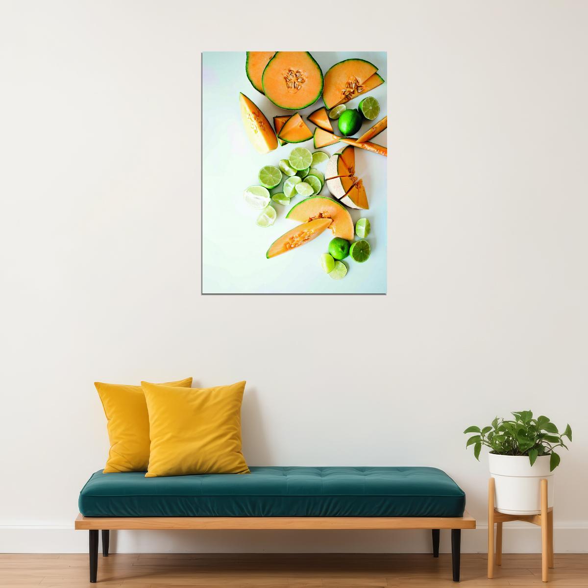 Fresh Melon and Lime Still Life Poster Modern Kitchen Art Vibrant Food Wall Decor Print