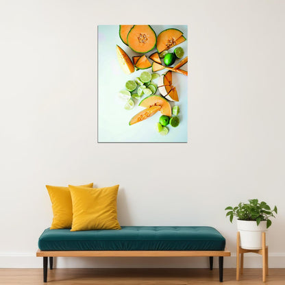 Fresh Melon and Lime Still Life Poster Modern Kitchen Art Vibrant Food Wall Decor Print