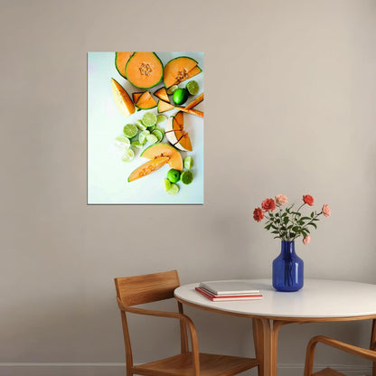 Fresh Melon and Lime Still Life Poster Modern Kitchen Art Vibrant Food Wall Decor Print