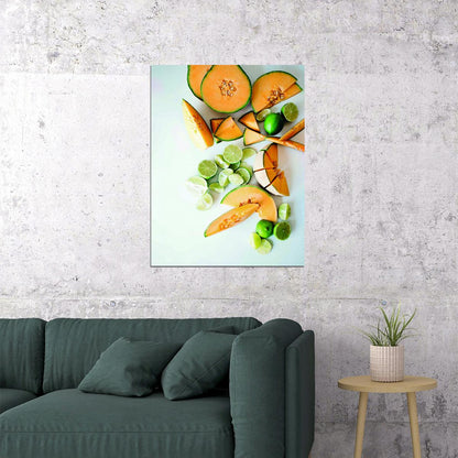 Fresh Melon and Lime Still Life Poster Modern Kitchen Art Vibrant Food Wall Decor Print