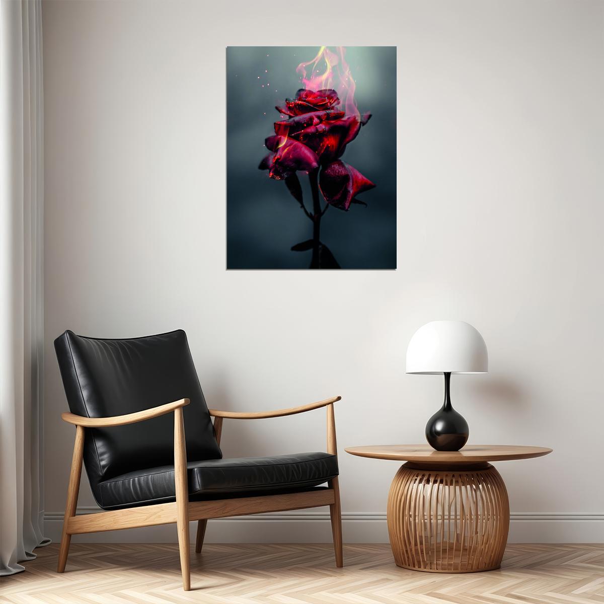 Magical Burning Beautiful Red Rose Poster Dramatic Floral Art Surreal Dark Red Flower Wall Decor Print