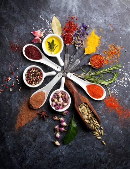 Spices and Herbs Arrangement Poster Rustic Culinary Art Vibrant Kitchen Wall Decor Print