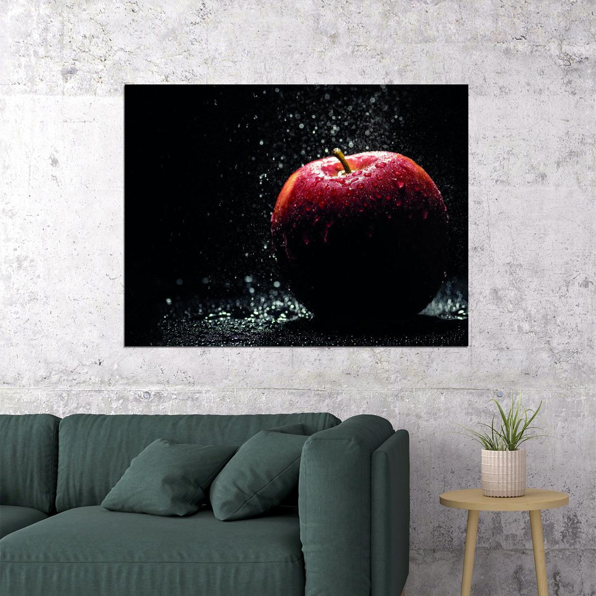 Red Apple with Water Droplets Poster Dramatic Fruit Photography Modern Wall Decor Print