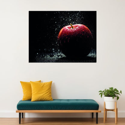 Red Apple with Water Droplets Poster Dramatic Fruit Photography Modern Wall Decor Print