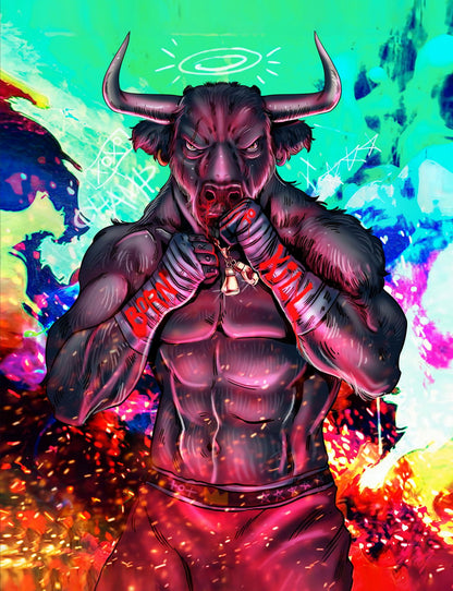 Fighting Bull Red Demon Warrior Poster Vibrant Fantasy Art Bold Comic Style Wall Decor Print