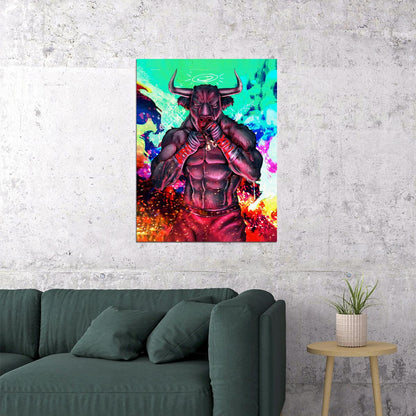 Fighting Bull Red Demon Warrior Poster Vibrant Fantasy Art Bold Comic Style Wall Decor Print