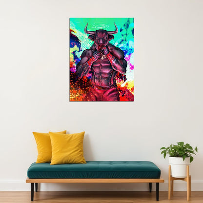 Fighting Bull Red Demon Warrior Poster Vibrant Fantasy Art Bold Comic Style Wall Decor Print