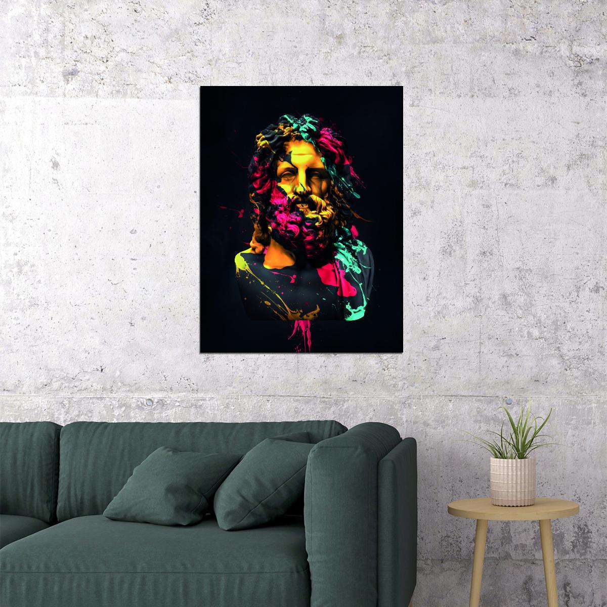 Colorful Zeus Statue Greek Stone Bust Abstract Pop Art Poster Wall Decor Print