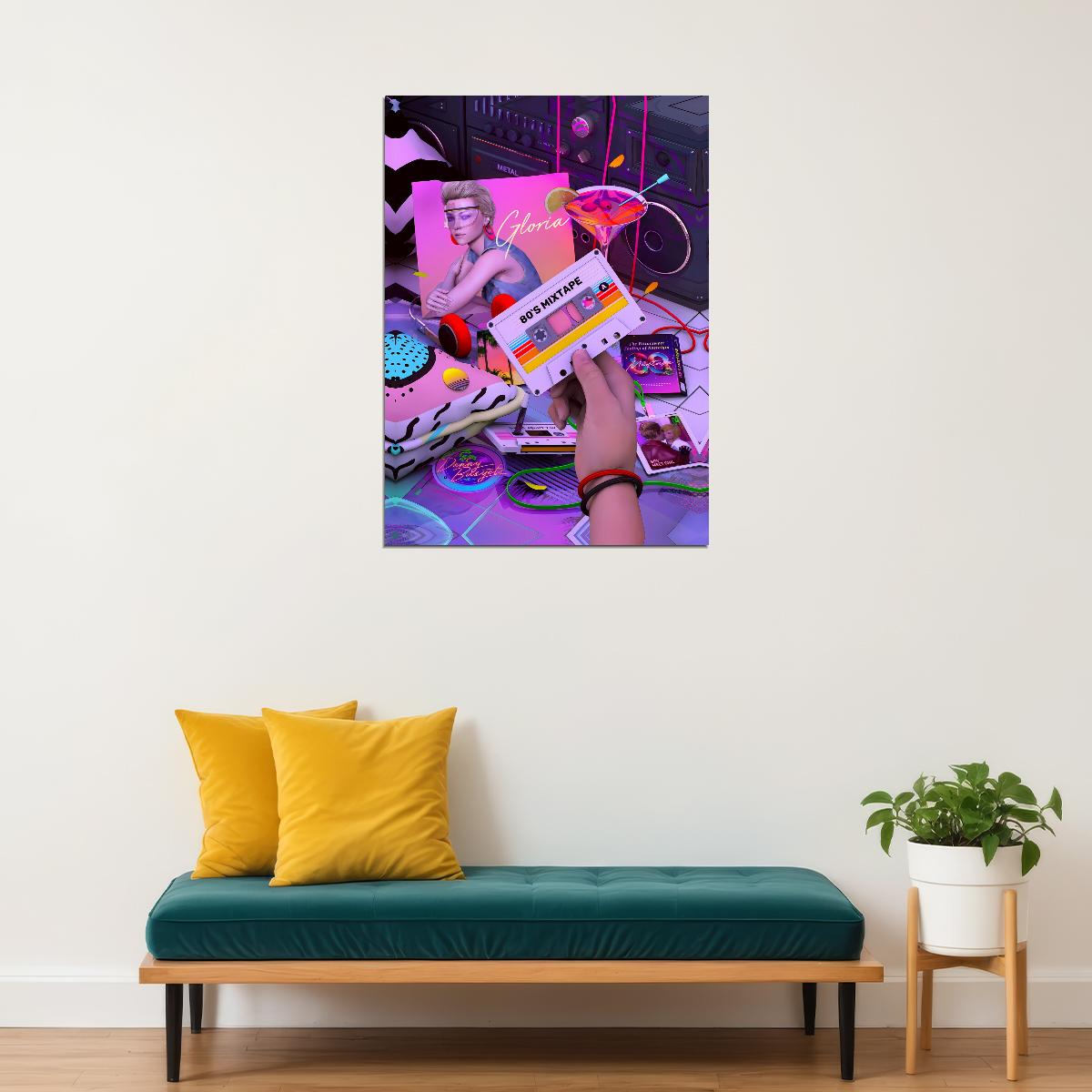 Retro 80s Moxtape Synth Arcade Dreams Vaporwave Poster Neon Gaming Setup Art Poster Futuristic Vibrant Wall Decor Gamer Aesthetic Modern Wall Art Print