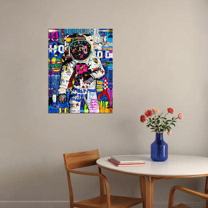 First Man On The Moon Graffiti Astronaut Art Poster Vibrant Street Style Wall Decor Featuring Space and Urban Art Fusion Modern Wall Art Print