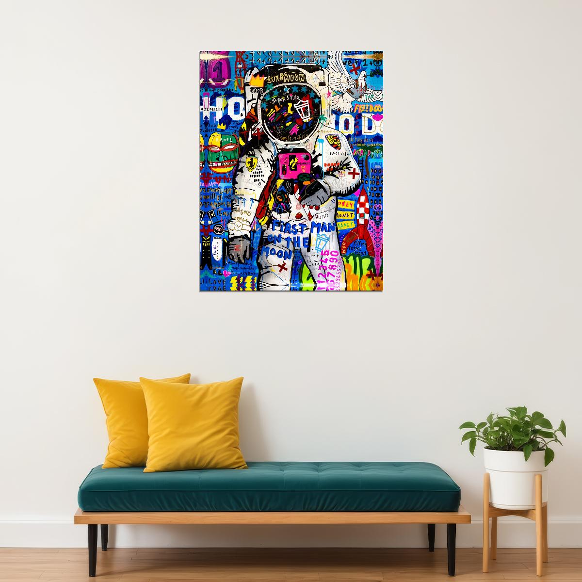 First Man On The Moon Graffiti Astronaut Art Poster Vibrant Street Style Wall Decor Featuring Space and Urban Art Fusion Modern Wall Art Print