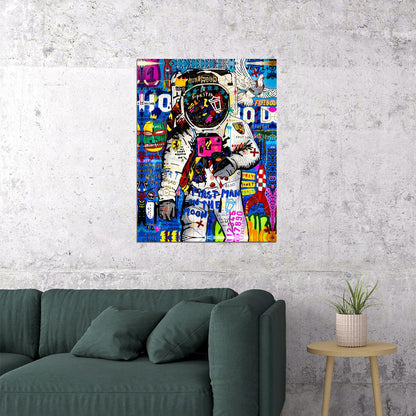 First Man On The Moon Graffiti Astronaut Art Poster Vibrant Street Style Wall Decor Featuring Space and Urban Art Fusion Modern Wall Art Print