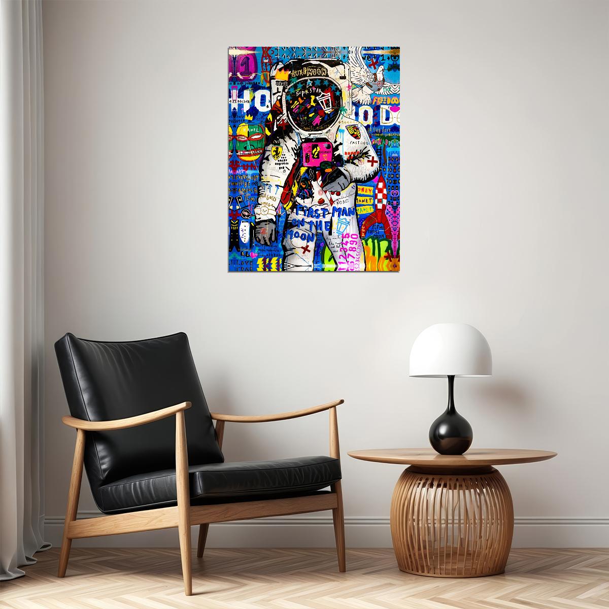 First Man On The Moon Graffiti Astronaut Art Poster Vibrant Street Style Wall Decor Featuring Space and Urban Art Fusion Modern Wall Art Print