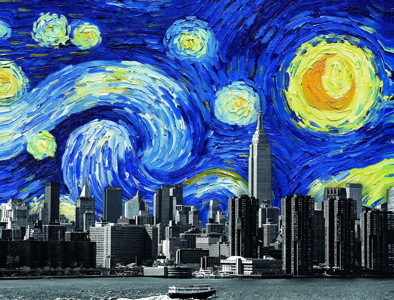 Starry Night City Skyline Art Poster Modern Fusion Wall Decor Van Gogh-Inspired Urban Design Wall Print