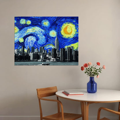 Starry Night City Skyline Art Poster Modern Fusion Wall Decor Van Gogh-Inspired Urban Design Wall Print