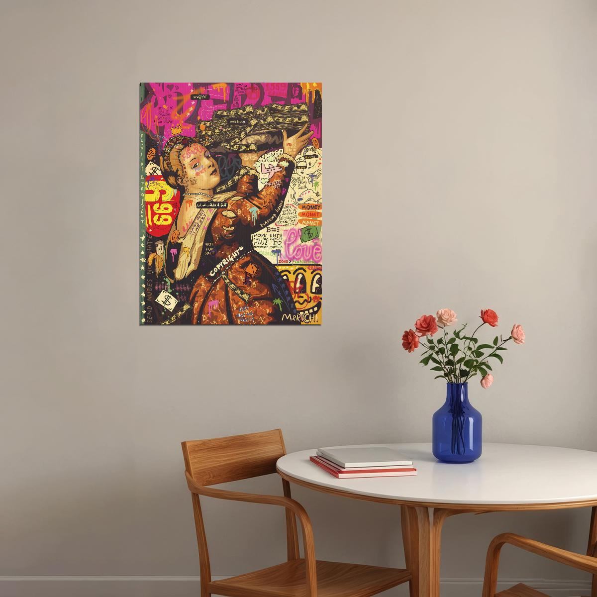 Renaissance Noblewoman Flex Pop Art Poster Graffiti Street Art Money Theme Modern Twist Print