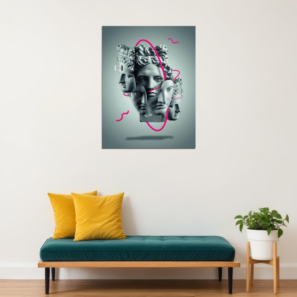 Greek Sculpture Pop Art Poster Surreal Graffiti Street Art Multiple Faces Modern Abstract Print