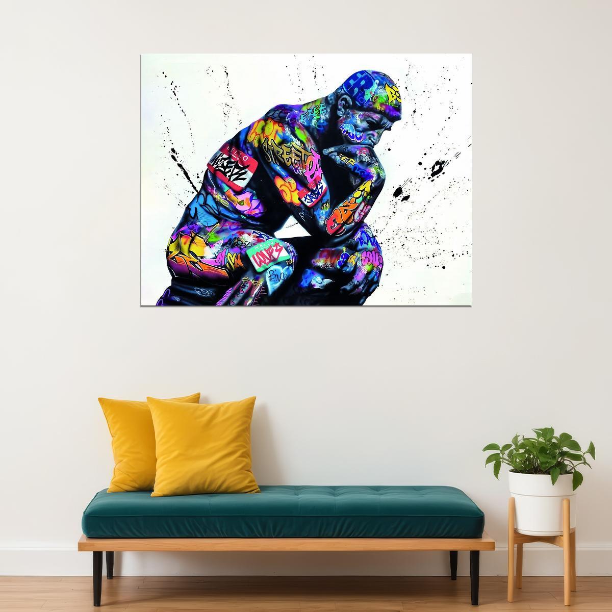 Thinker Statue Pop Art Poster Graffiti Street Art Colorful Modern Abstract Sculpture Print