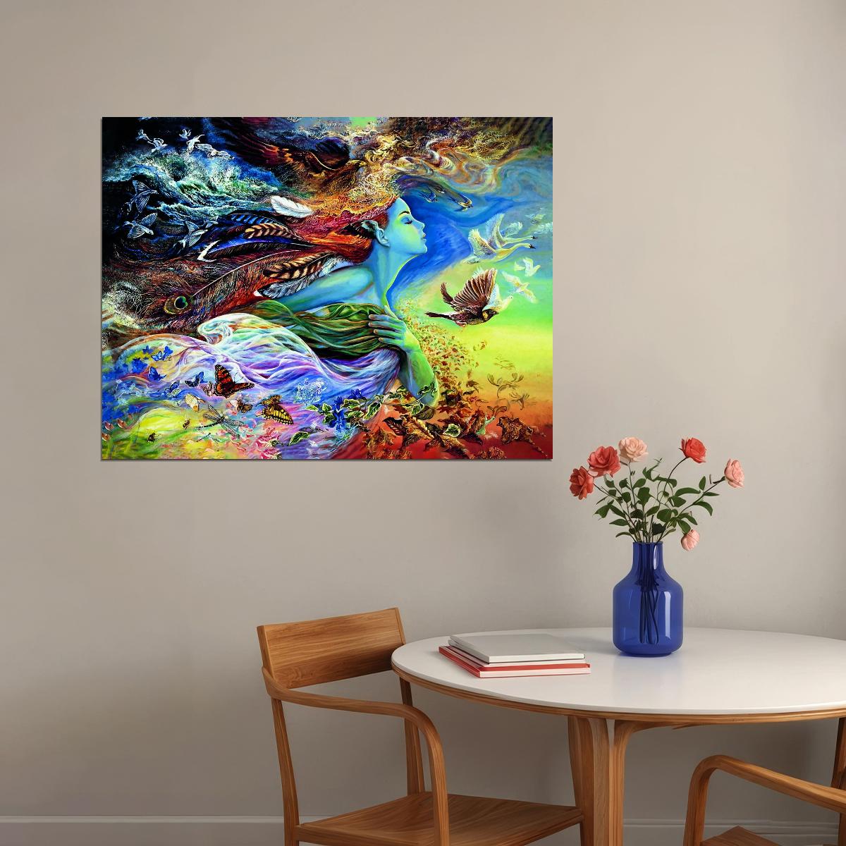 Nature Goddess Fantasy Art Poster Colorful Surreal Artwork Mythical Elements Birds and Butterflies Modern Wall Art Print