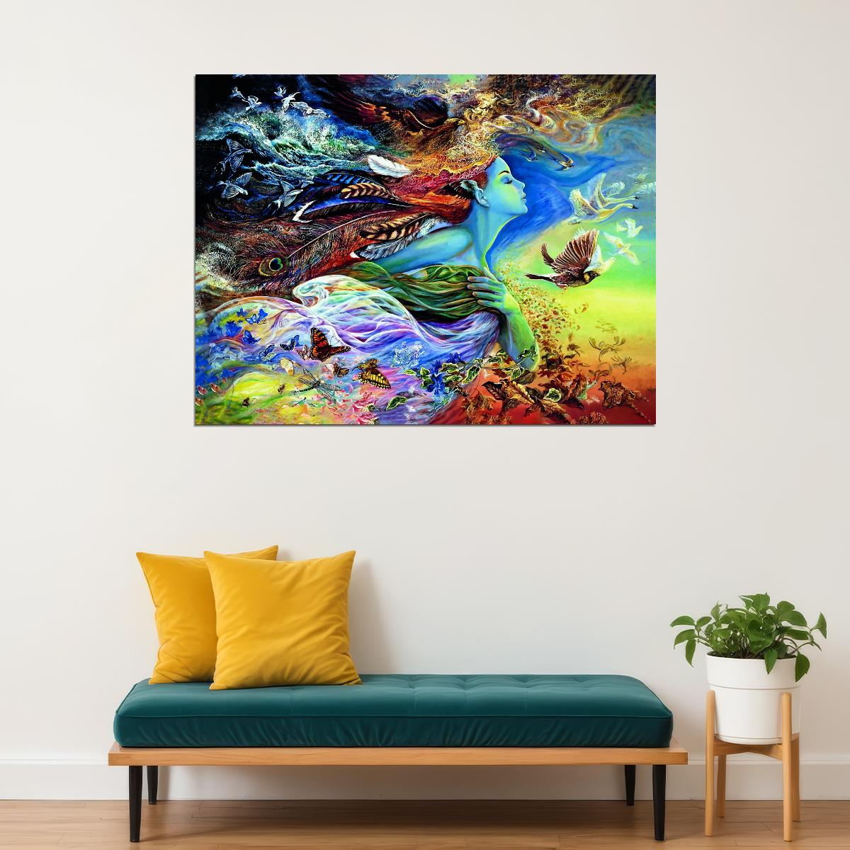 Nature Goddess Fantasy Art Poster Colorful Surreal Artwork Mythical Elements Birds and Butterflies Modern Wall Art Print