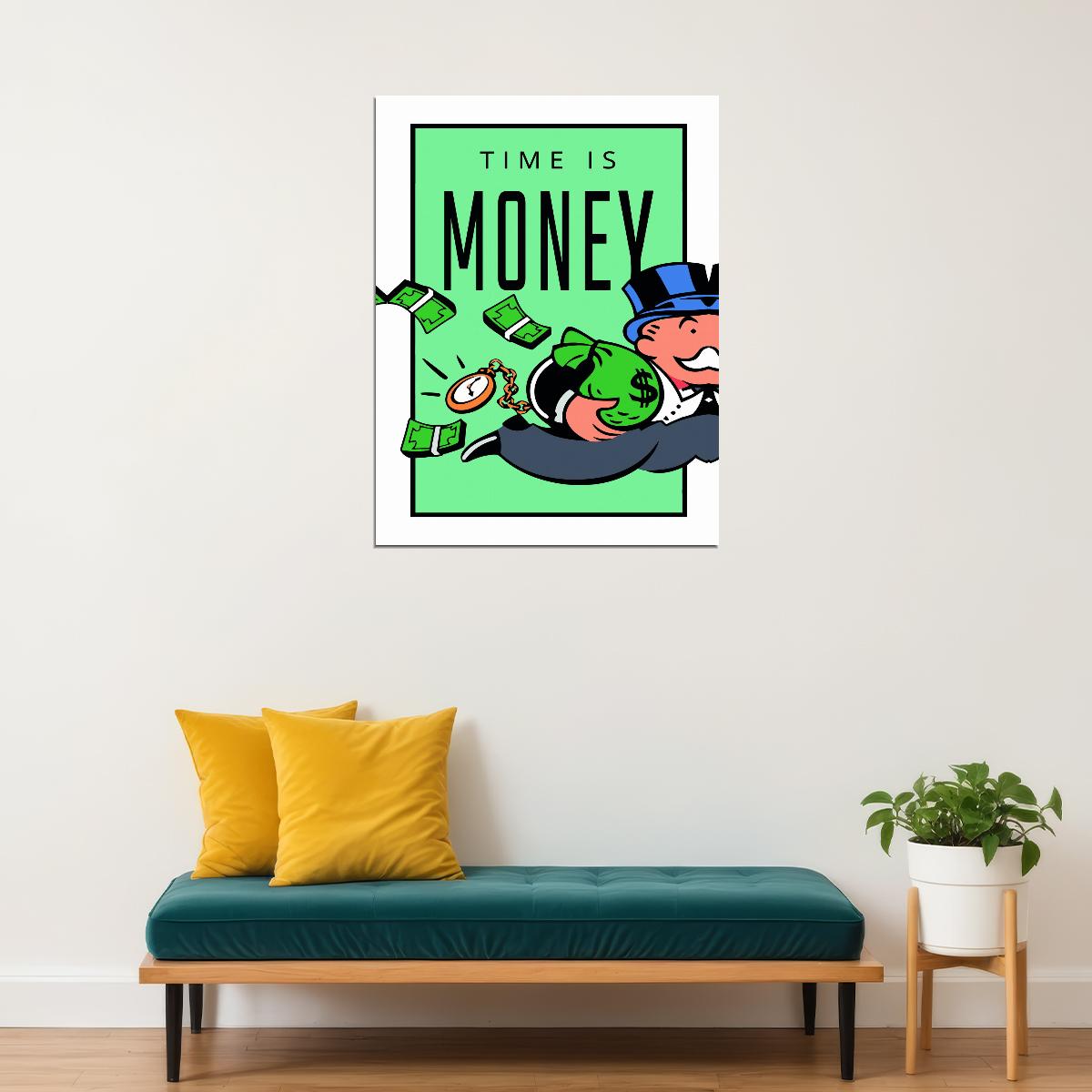 Time Is Money Cartoon Art Poster Creative and Fun Wall Decor Featuring Motivational Design Perfect for Office Wall Art Print