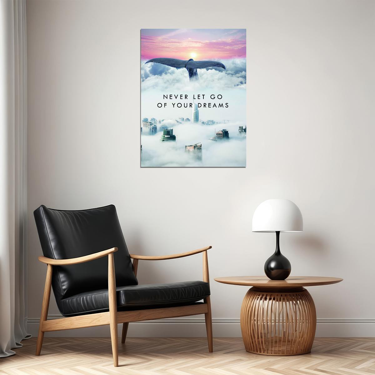 Never Let Go of Your Dreams Cloud and Cityscape Art Poster Inspirational Wall Decor Perfect for Modern Office Wall Art Print