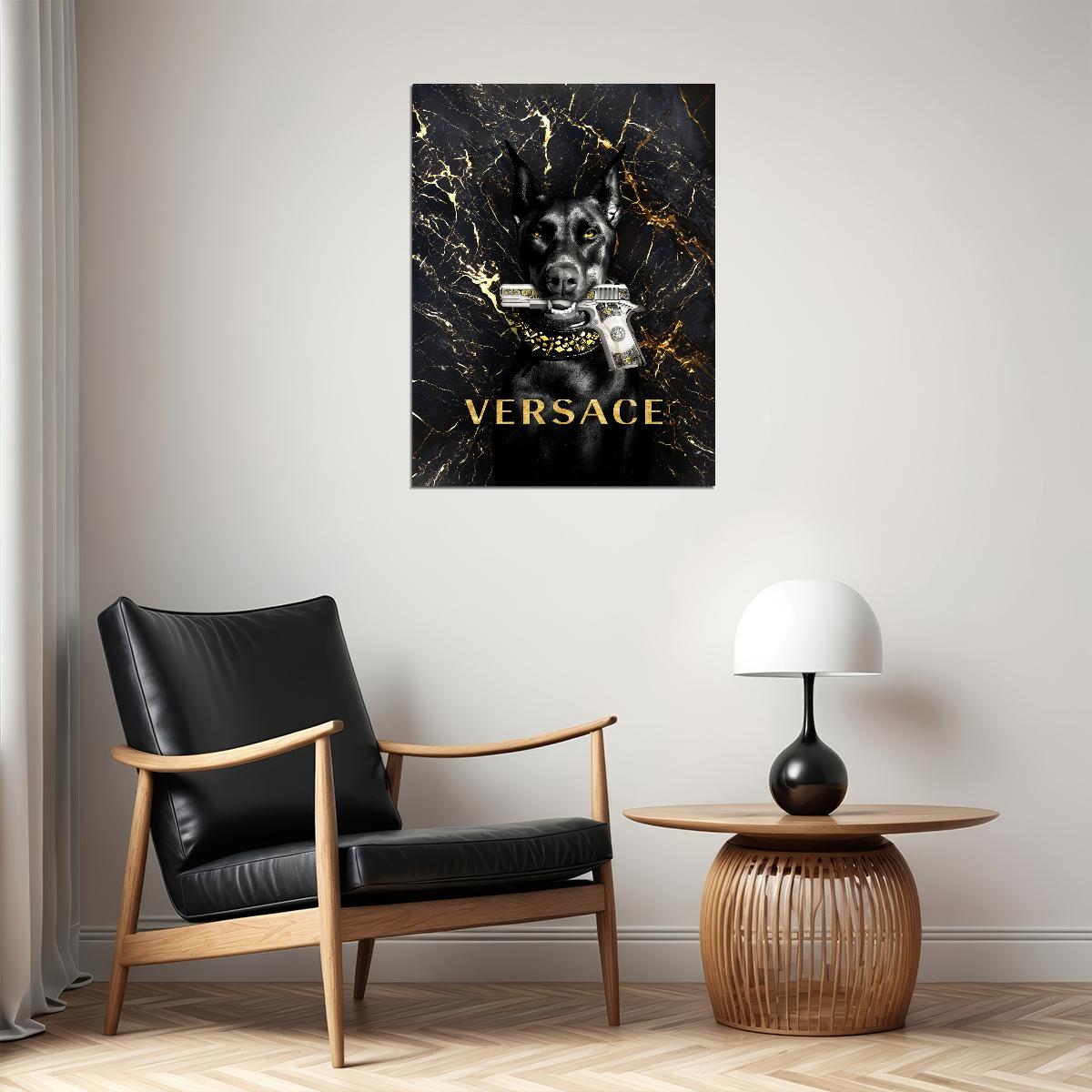 Versace Dog Gun Art Poster Bold Luxury Wall Decor Designer Iconic Modern Unique Artistic Office Wall Art Print