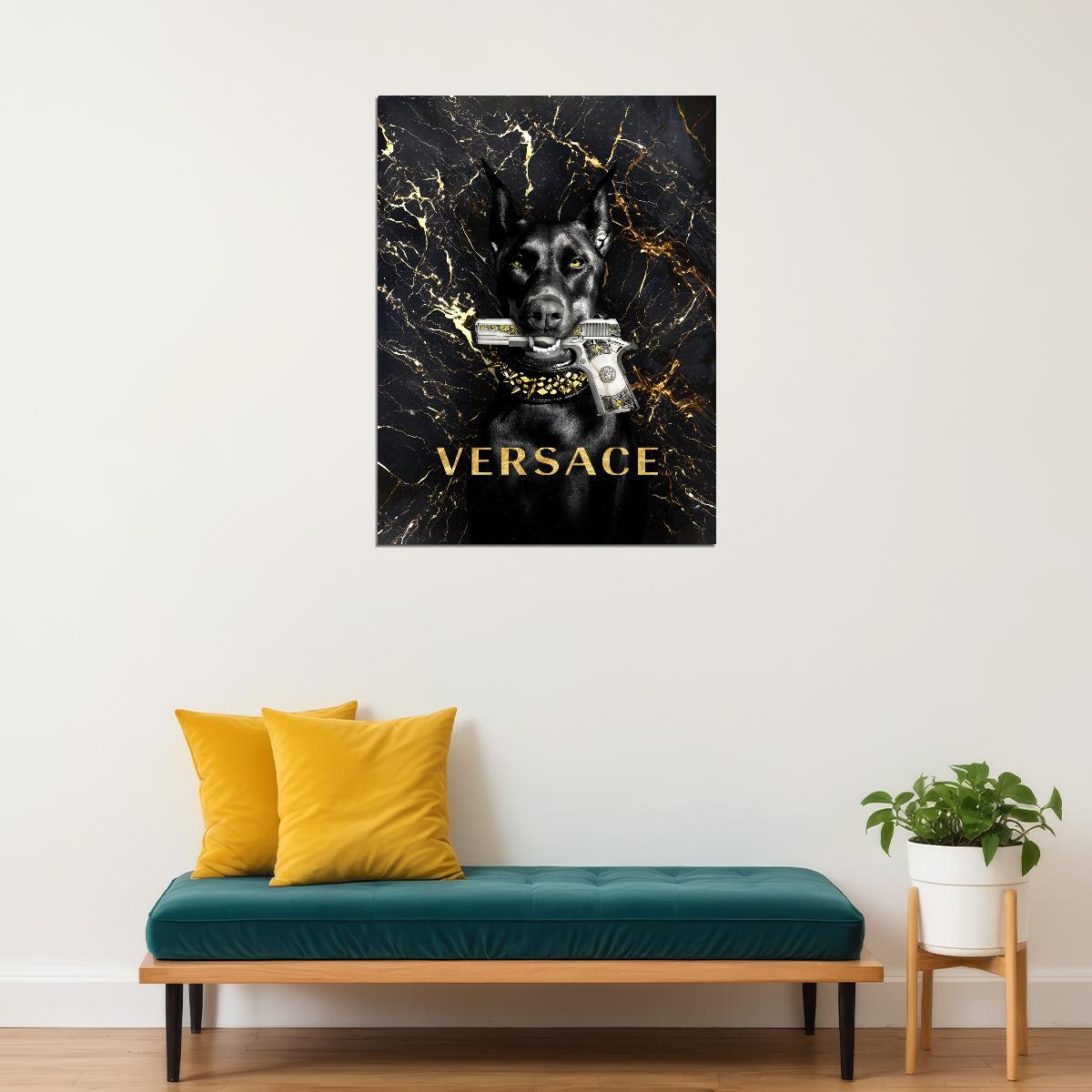 Versace Dog Gun Art Poster Bold Luxury Wall Decor Designer Iconic Modern Unique Artistic Office Wall Art Print