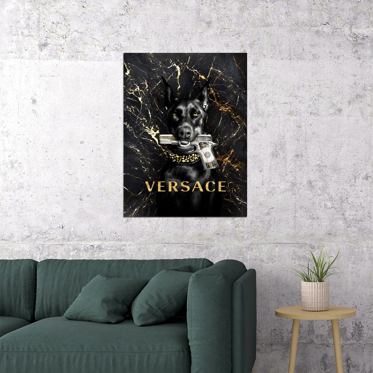 Versace Dog Gun Art Poster Bold Luxury Wall Decor Designer Iconic Modern Unique Artistic Office Wall Art Print