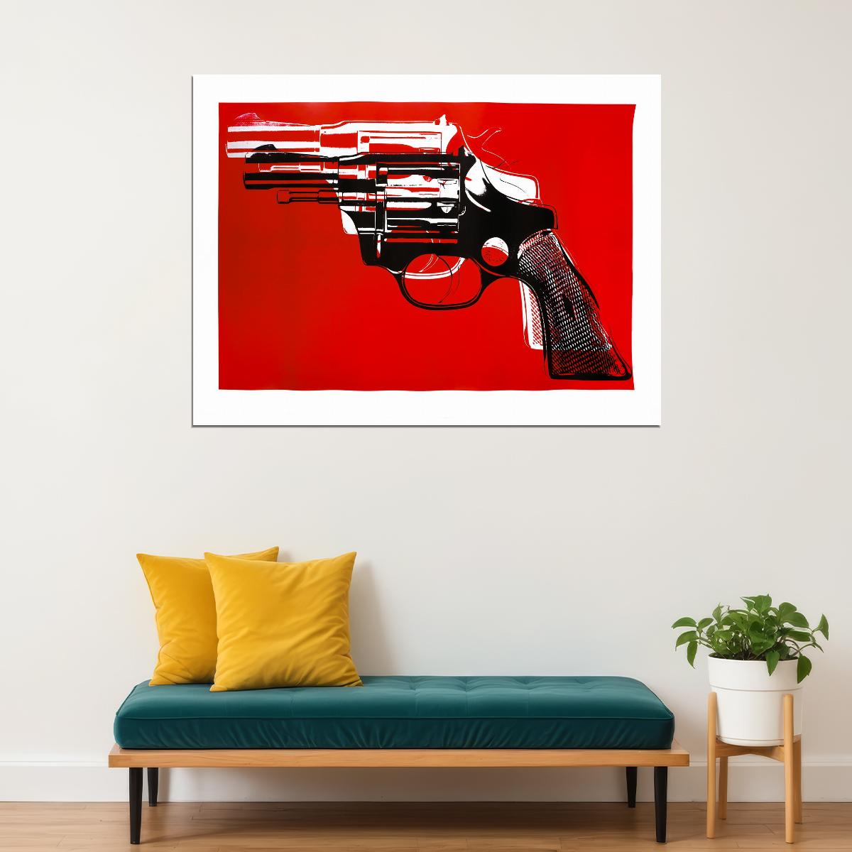 Red Revolver Art Poster Bold Designer Wall Decor Modern Artistic Style Unique Iconic Office Wall Art Print