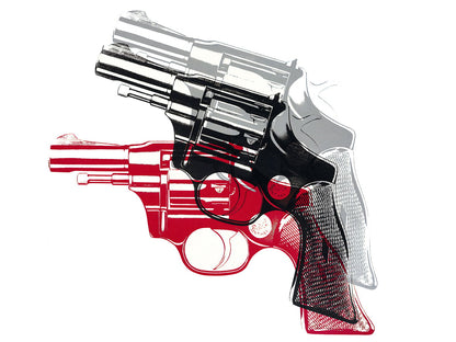 Red and White Revolver Art Poster Modern Designer Wall Decor Bold Artistic Style Unique Office Wall Art for Contemporary Spaces