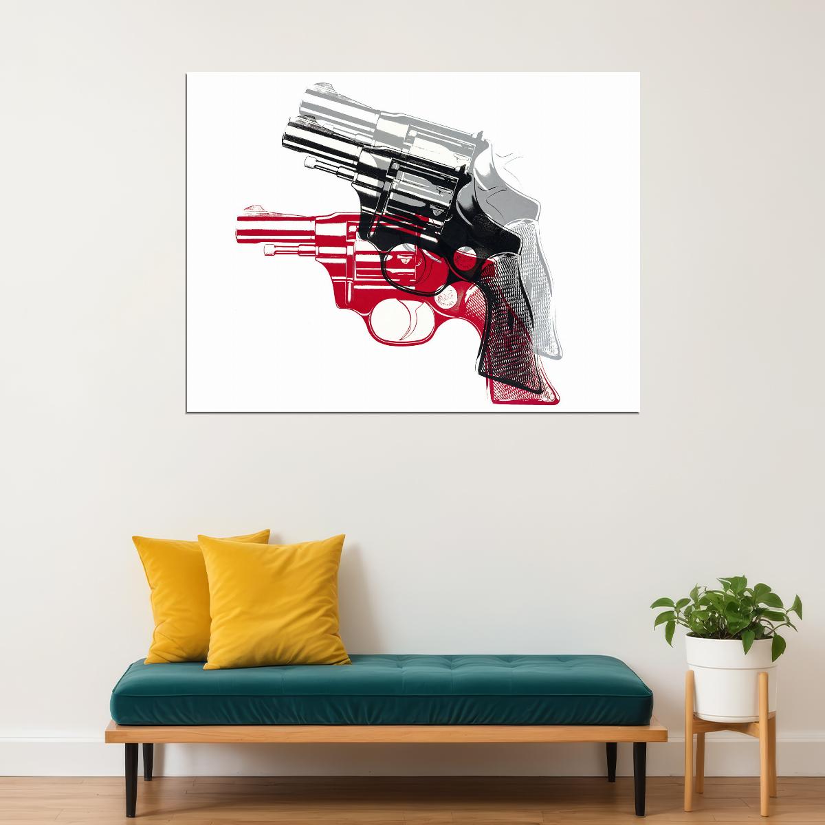 Red and White Revolver Art Poster Modern Designer Wall Decor Bold Artistic Style Unique Office Wall Art for Contemporary Spaces