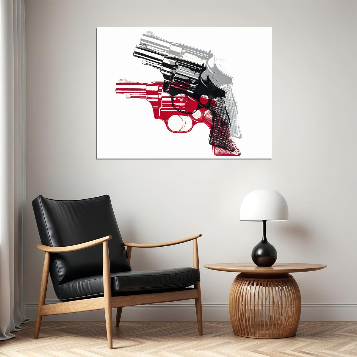 Red and White Revolver Art Poster Modern Designer Wall Decor Bold Artistic Style Unique Office Wall Art for Contemporary Spaces