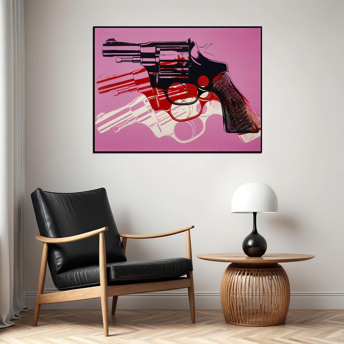 Pink Revolver Art Poster Bold Wall Decor Modern Designer Style Unique Artistic Print Perfect for Creative Office or Home Spaces