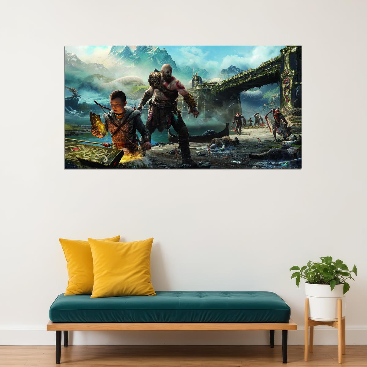 God of War Video Game Poster Kratos and Atreus Wall Decor Action Adventure Mythological Gaming Wall Print