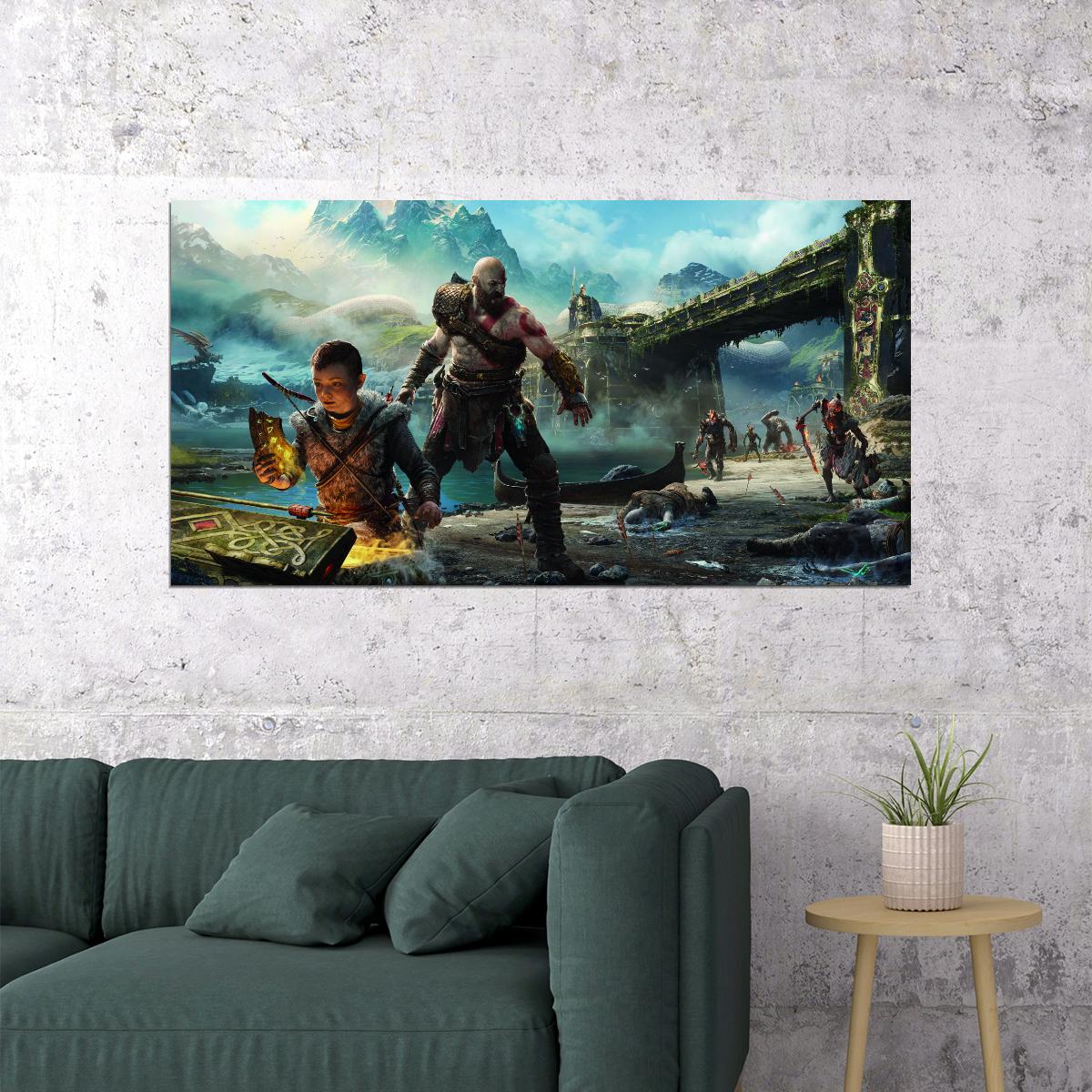 God of War Video Game Poster Kratos and Atreus Wall Decor Action Adventure Mythological Gaming Wall Print