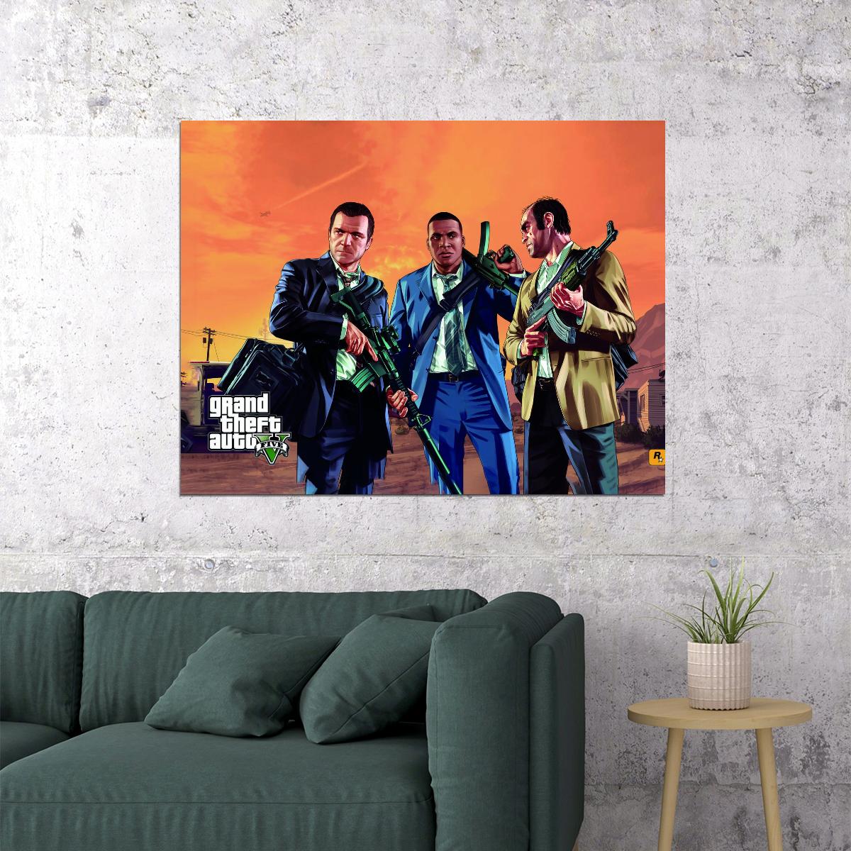 Grand Theft Auto V Cast Video Game Poster Rockstar Action Adventure Wall Decor Open World Gaming Artwork Wall Print