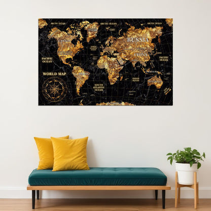 World Map Art Poster Black and Gold Wall Decor Luxury Travel Themed Map Design Modern Artistic Wall Print