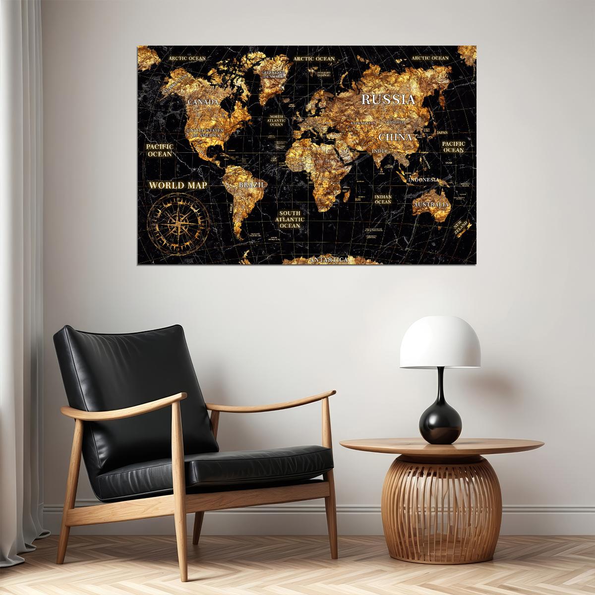 World Map Art Poster Black and Gold Wall Decor Luxury Travel Themed Map Design Modern Artistic Wall Print