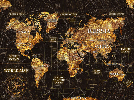 World Map Art Poster Vintage Gold Style Wall Decor Travel Themed Artistic Design Unique Map Wall Print