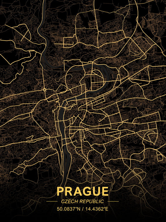 Prague Map Art Poster Black and Gold Wall Decor Modern Artistic City Map Design Unique Urban Wall Print