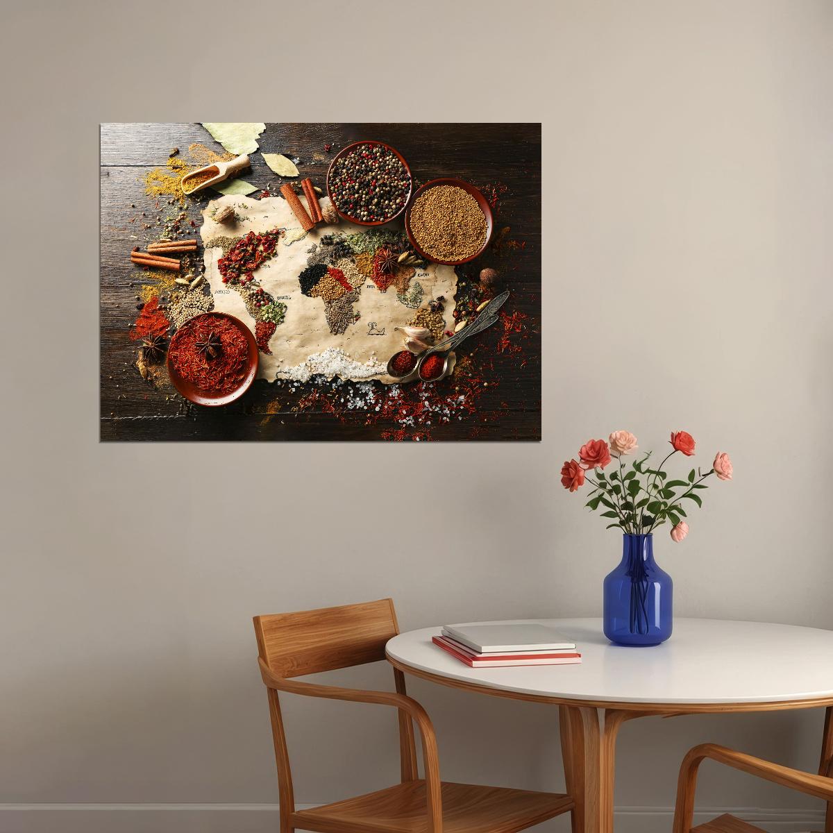 World Map Food Art Poster Culinary Travel Style Wall Decor Artistic Map Design Unique Kitchen Wall Print