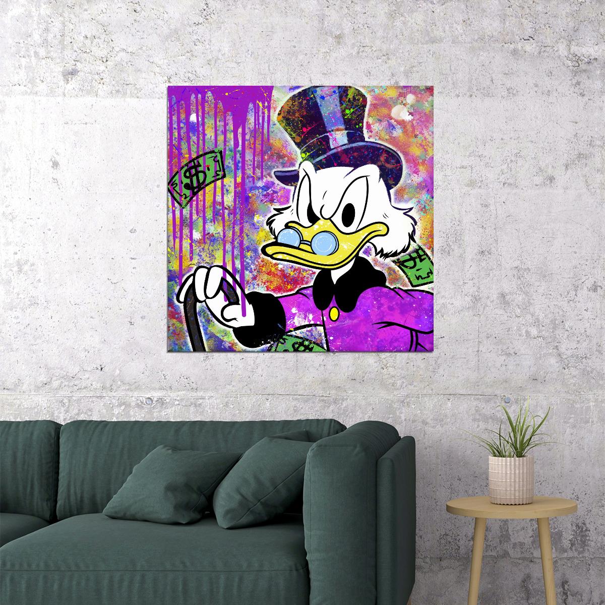 Scrooge McDuck Money Rain Graffiti Art Poster Urban Wall Decor Pop Art Cartoon Street Style Wall Print