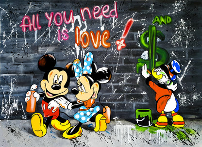 Mickey Mouse All You Need Is Love Graffiti Art Poster Urban Street Wall Decor Bold Cartoon Pop Art Style Wall Print