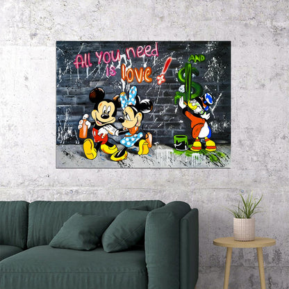 Mickey Mouse All You Need Is Love Graffiti Art Poster Urban Street Wall Decor Bold Cartoon Pop Art Style Wall Print