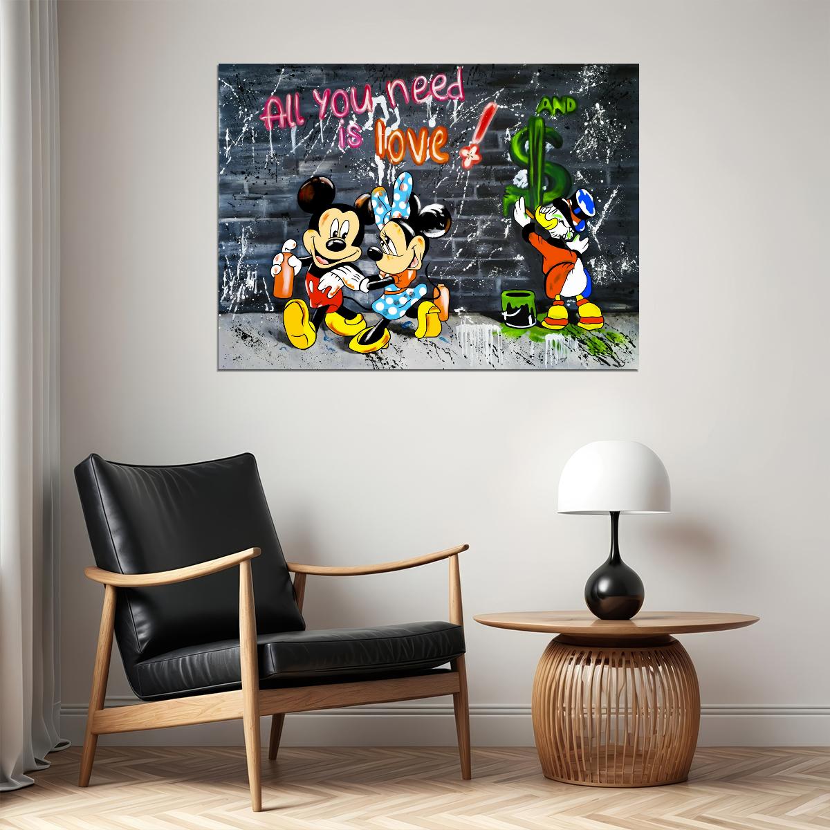 Mickey Mouse All You Need Is Love Graffiti Art Poster Urban Street Wall Decor Bold Cartoon Pop Art Style Wall Print