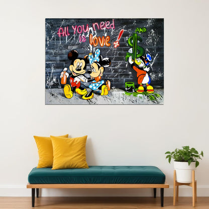 Mickey Mouse All You Need Is Love Graffiti Art Poster Urban Street Wall Decor Bold Cartoon Pop Art Style Wall Print