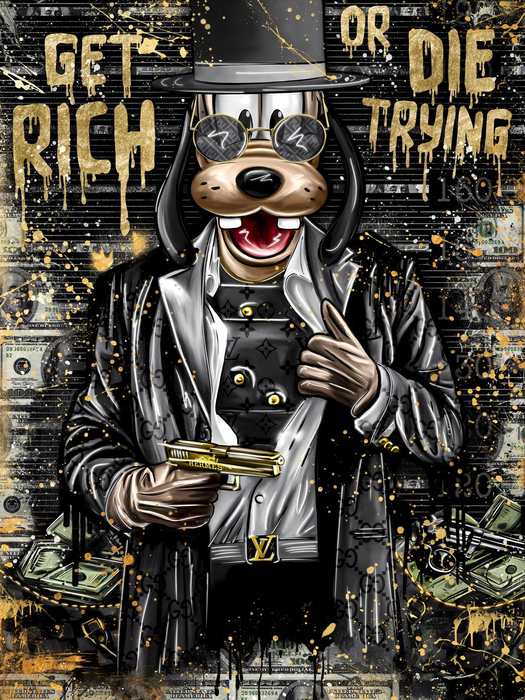 Get Rich or Die Trying Graffiti Art Poster Bold Urban Wall Decor Cartoon Pop Art Money and Ambition Style Wall Print